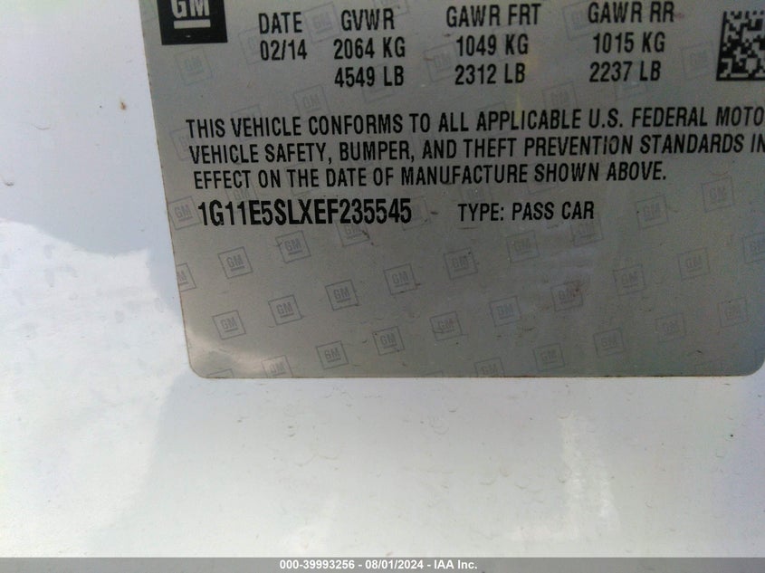 2014 Chevrolet Malibu 2Lt VIN: 1G11E5SLXEF235545 Lot: 39993256