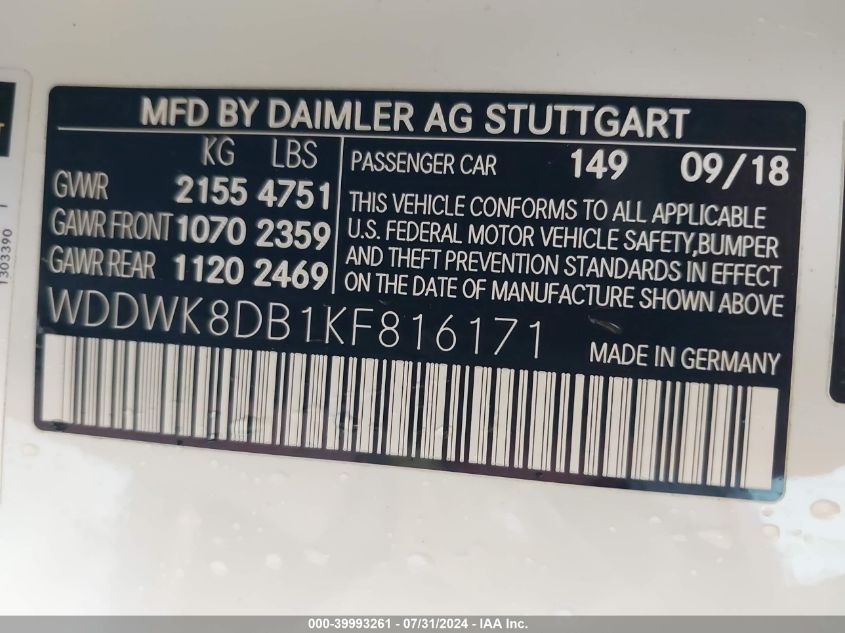 2019 Mercedes-Benz C 300 VIN: WDDWK8DB1KF816171 Lot: 39993261