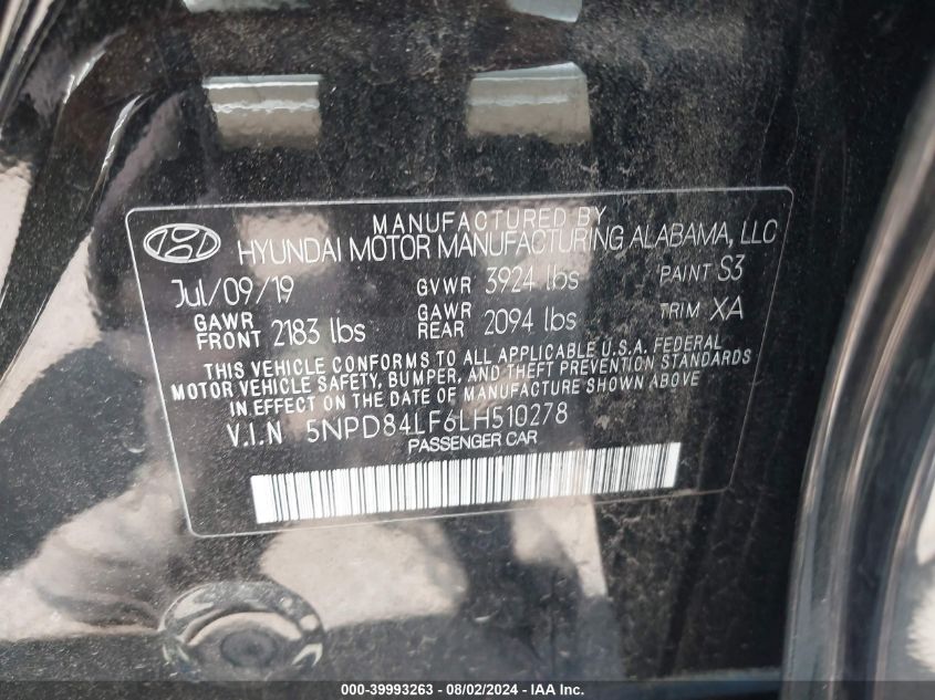 2020 Hyundai Elantra Sel VIN: 5NPD84LF6LH510278 Lot: 39993263