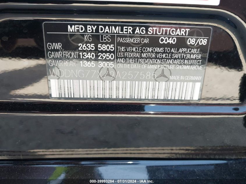 2009 Mercedes-Benz S 63 Amg VIN: WDDNG77X79A257585 Lot: 39993284