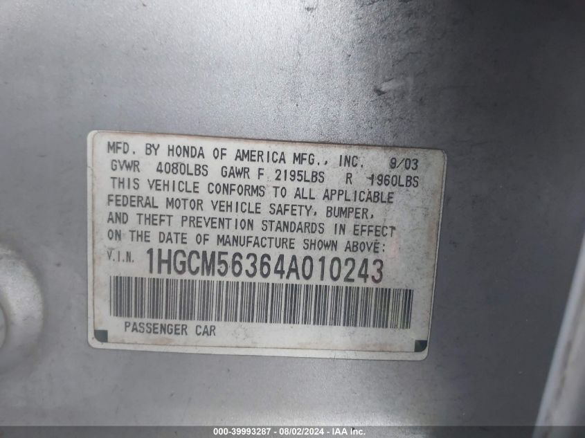 2004 Honda Accord 2.4 Lx VIN: 1HGCM56364A010243 Lot: 39993287
