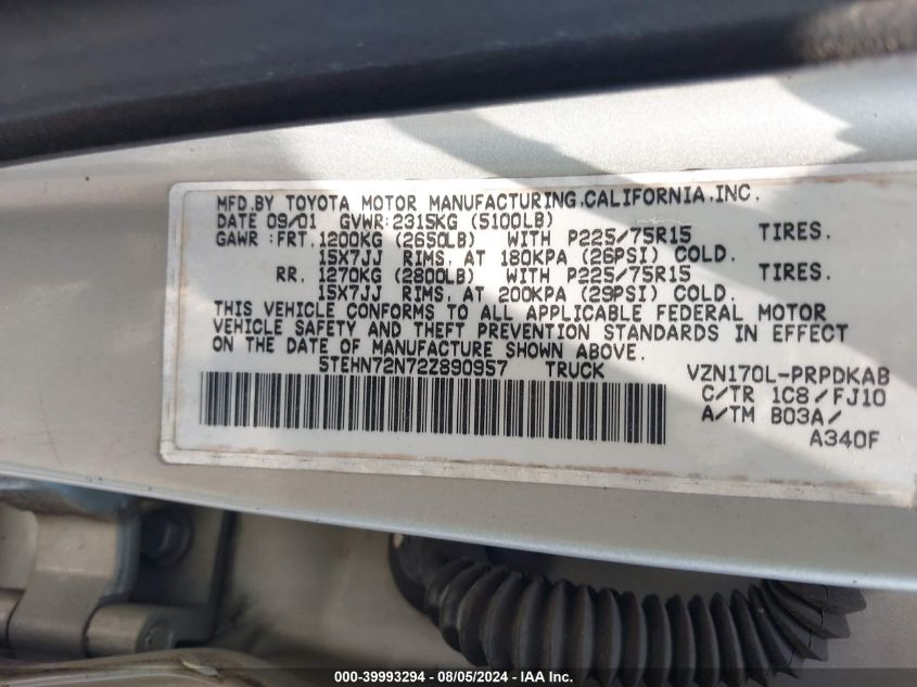 2002 Toyota Tacoma Base V6 VIN: 5TEHN72N72Z890957 Lot: 39993294