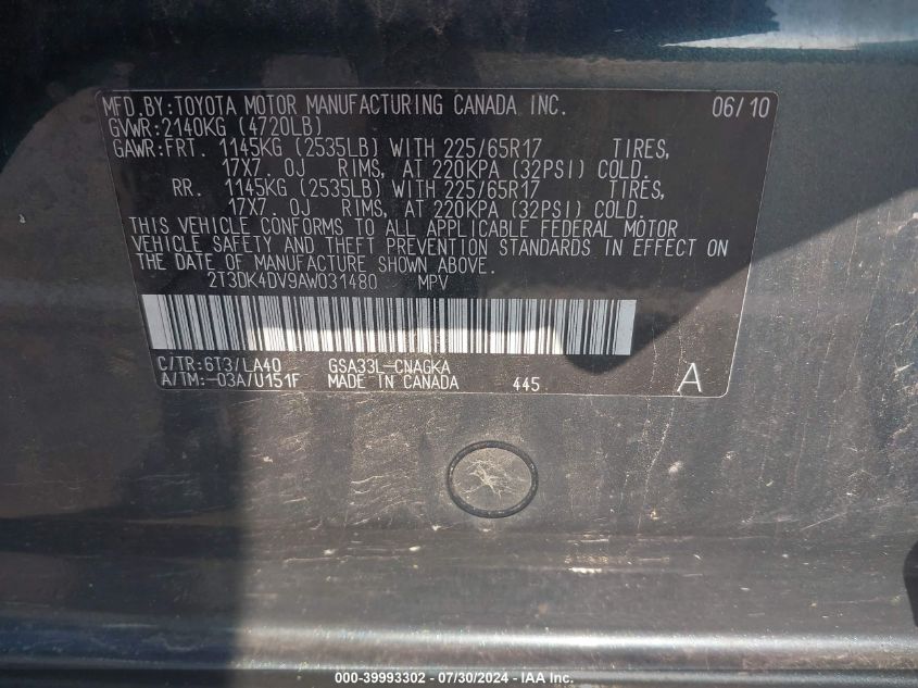 2010 Toyota Rav4 Limited V6 VIN: 2T3DK4DV9AW031480 Lot: 39993302