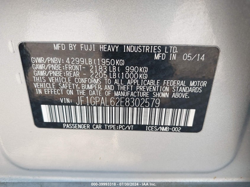 2014 SUBARU IMPREZA 2.0I SPORT PREMIUM - JF1GPAL62E8302579