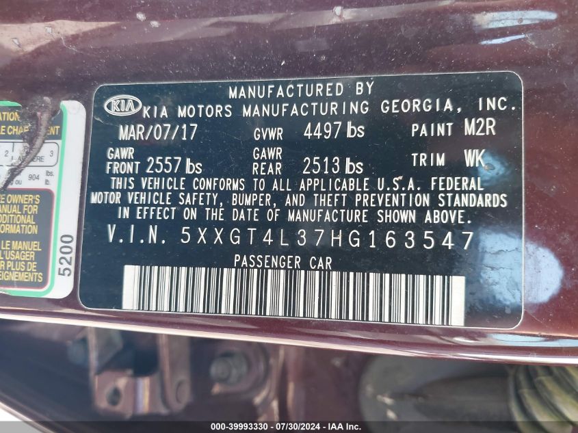 2017 Kia Optima Lx VIN: 5XXGT4L37HG163547 Lot: 39993330