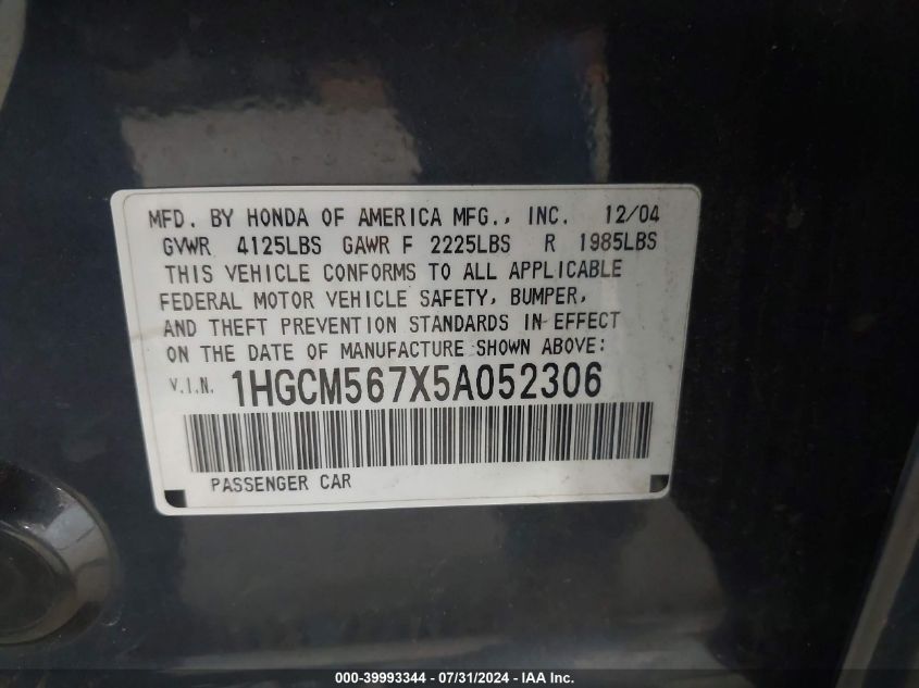 2005 Honda Accord 2.4 Ex VIN: 1HGCM567X5A052306 Lot: 39993344