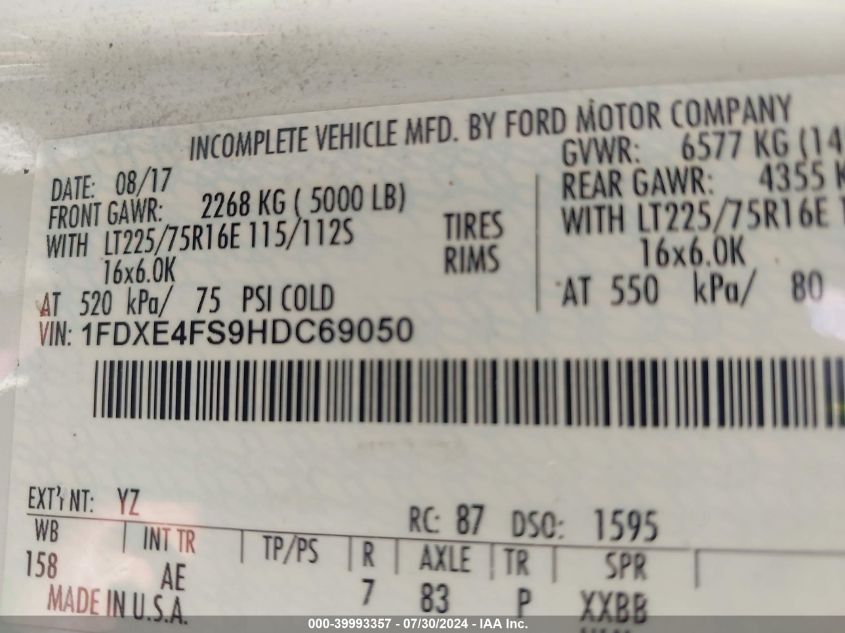 2017 Ford E-450 Cutaway VIN: 1FDXE4FS9HDC69050 Lot: 39993357