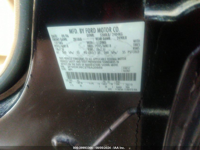 2007 Ford Edge Sel VIN: 2FMDK38C27BA20959 Lot: 39993366