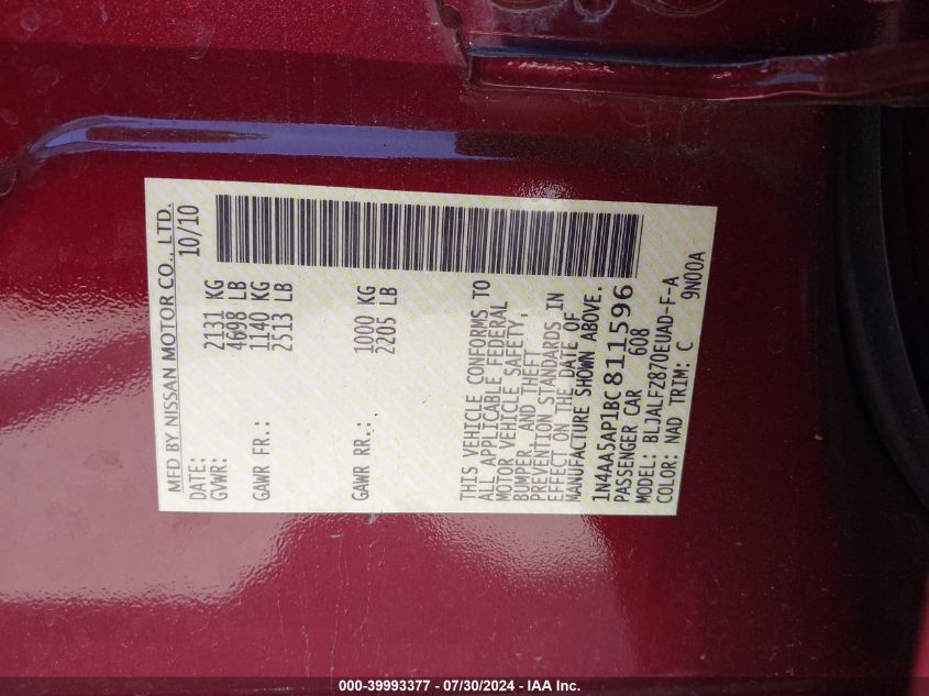 2011 Nissan Maxima 3.5 Sv VIN: 1N4AA5AP1BC811596 Lot: 39993377