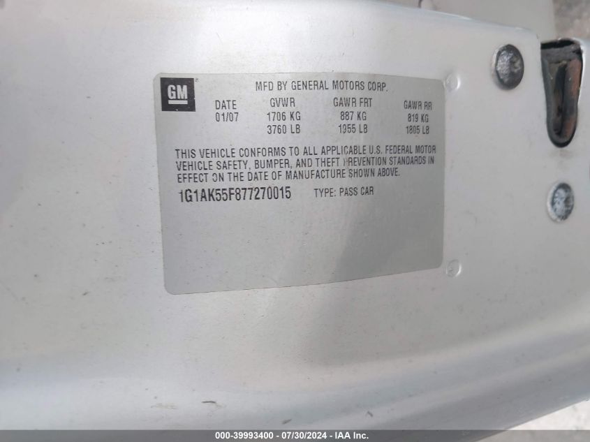 2007 Chevrolet Cobalt Ls VIN: 1G1AK55F877270015 Lot: 39993400
