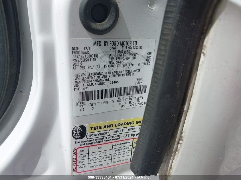 2012 Ford Expedition Limited VIN: 1FMJU1K58CEF22465 Lot: 39993401