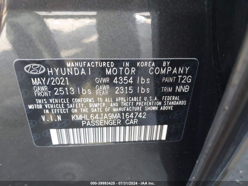 2021 Hyundai Sonata Sel VIN: KMHL64JA9MA164742 Lot: 39993425