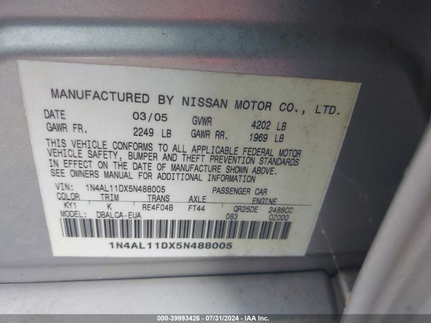 2005 Nissan Altima 2.5 S VIN: 1N4AL11DX5N488005 Lot: 39993426