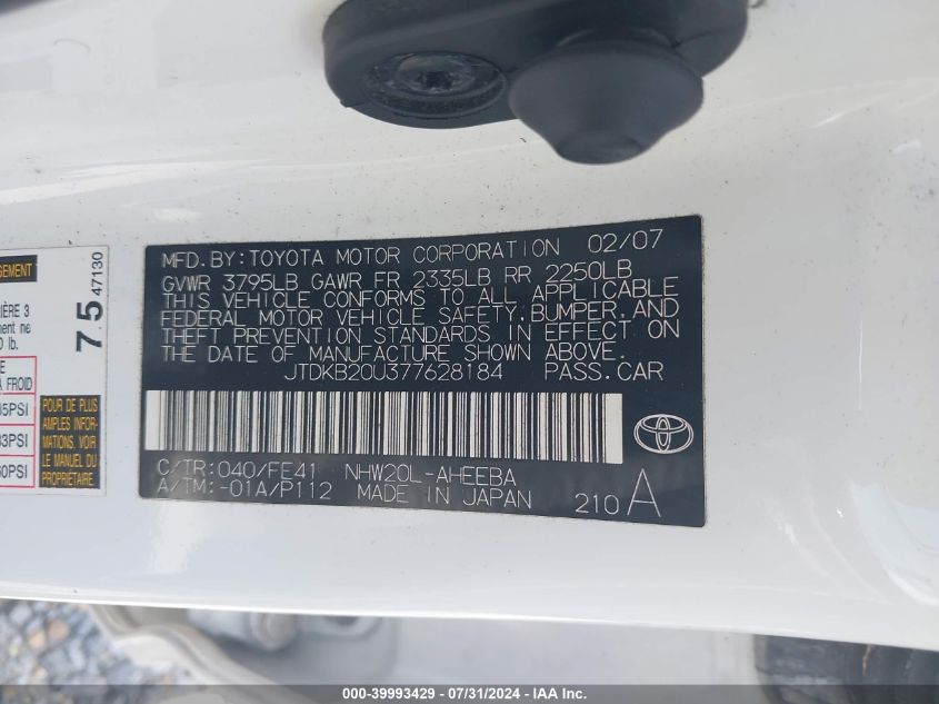 2007 Toyota Prius VIN: JTDKB20U377628184 Lot: 39993429