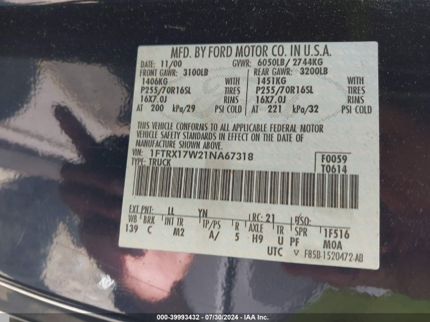 2001 Ford F-150 Lariat/Xl/Xlt VIN: 1FTRX17W21NA67318 Lot: 39993432