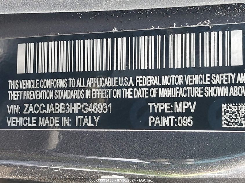 2017 Jeep Renegade Altitude Fwd VIN: ZACCJABB3HPG46931 Lot: 39993433