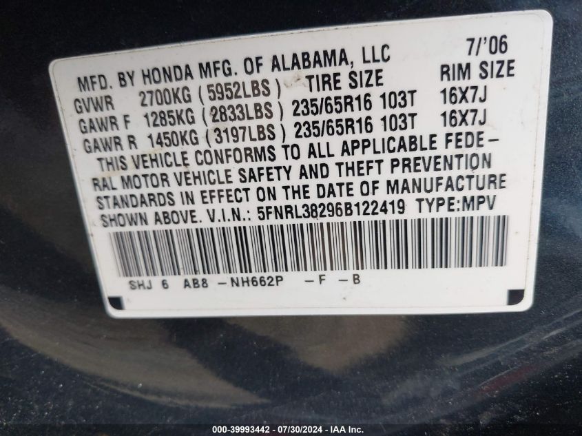 2006 Honda Odyssey Lx VIN: 5FNRL38296B122419 Lot: 39993442