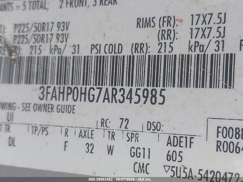 2010 Ford Fusion Se VIN: 3FAHP0HG7AR345985 Lot: 39993482