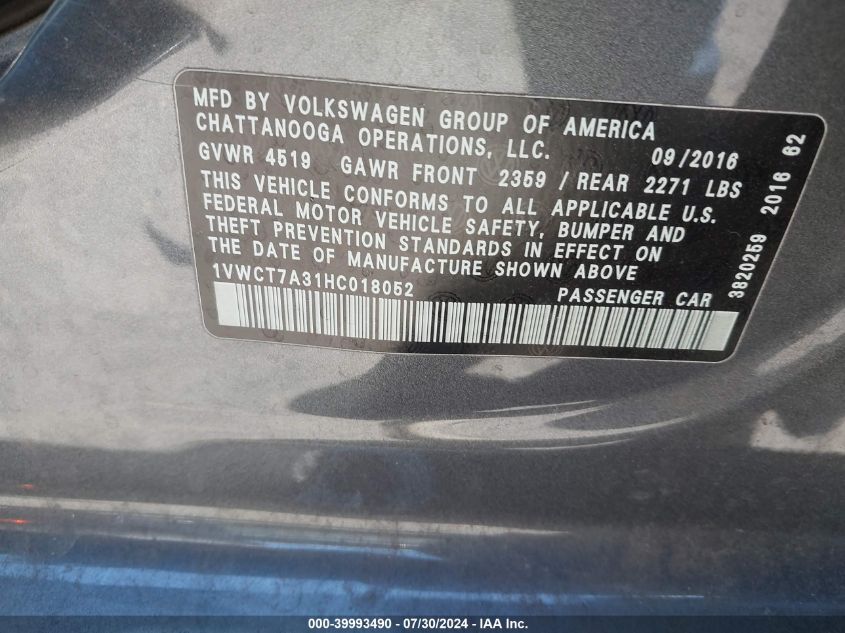 2017 Volkswagen Passat 1.8T Sel Premium VIN: 1VWCT7A31HC018052 Lot: 39993490