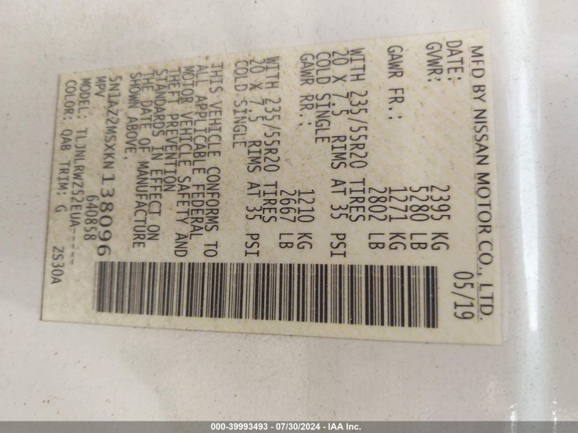 2019 Nissan Murano Sl VIN: 5N1AZ2MSXKN138096 Lot: 39993493