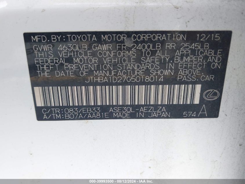 2016 Lexus Is 200T VIN: JTHBA1D27G5018014 Lot: 39993500