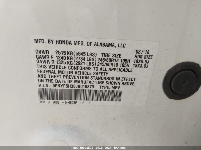 2018 Honda Pilot Ex VIN: 5FNYF5H36JB016879 Lot: 39993502