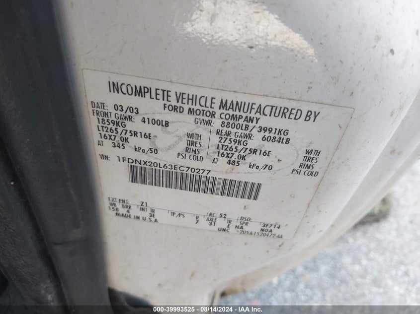 2003 Ford F-250 Lariat/Xl/Xlt VIN: 1FDNX20L63EC70277 Lot: 39993525