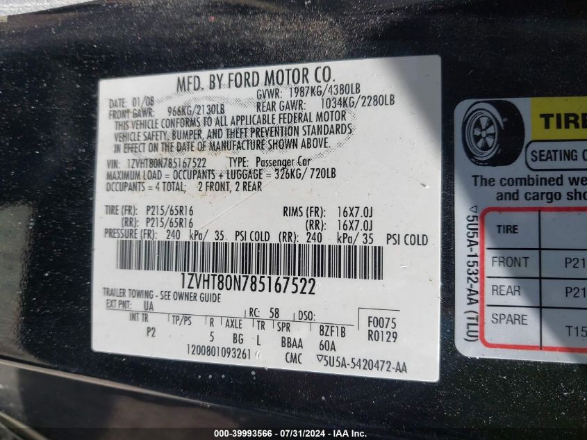 2008 Ford Mustang V6 Deluxe/V6 Premium VIN: 1ZVHT80N785167522 Lot: 39993566