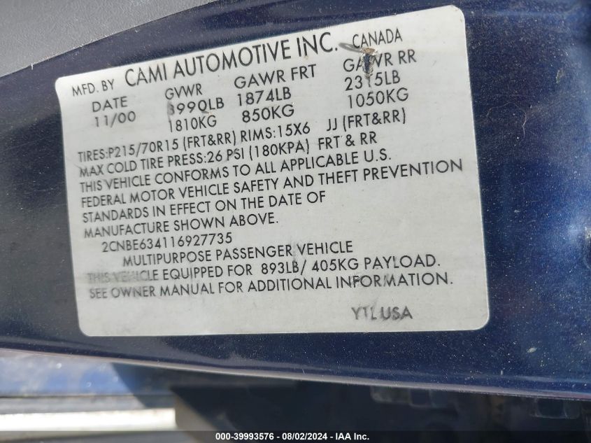 2001 Chevrolet Tracker Hard Top Lt VIN: 2CNBE634116927735 Lot: 39993576