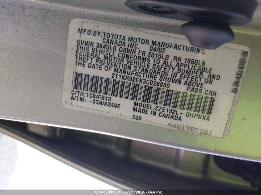 2003 Toyota Matrix Xr VIN: 2T1KR32EX3C028889 Lot: 39993581