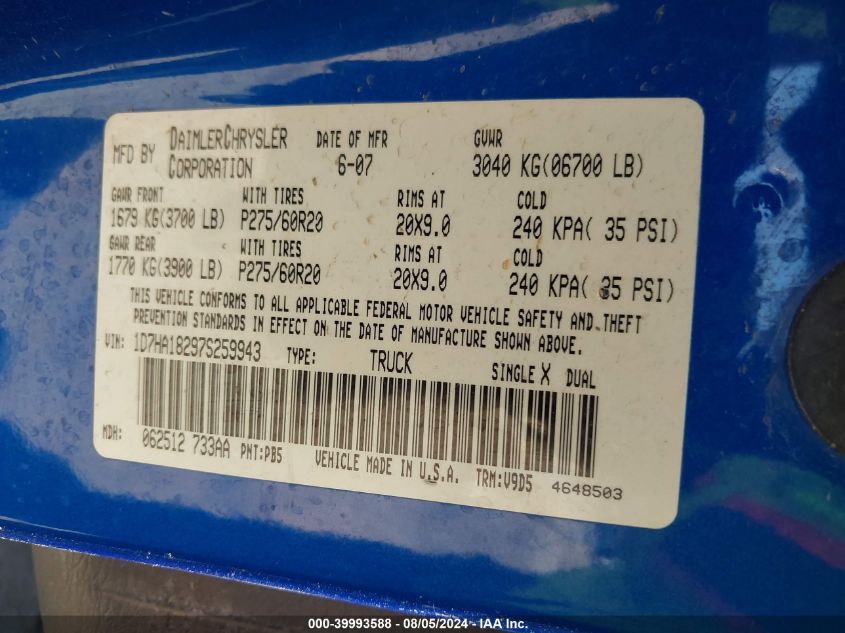 2007 Dodge Ram 1500 Slt VIN: 1D7HA18297S259943 Lot: 39993588