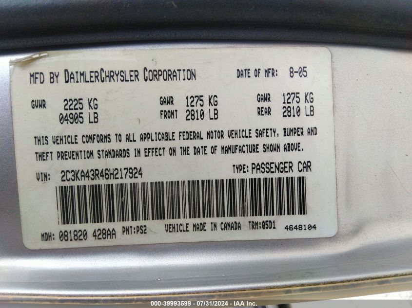 2006 Chrysler 300 VIN: 2C3KA43R46H217924 Lot: 39993599