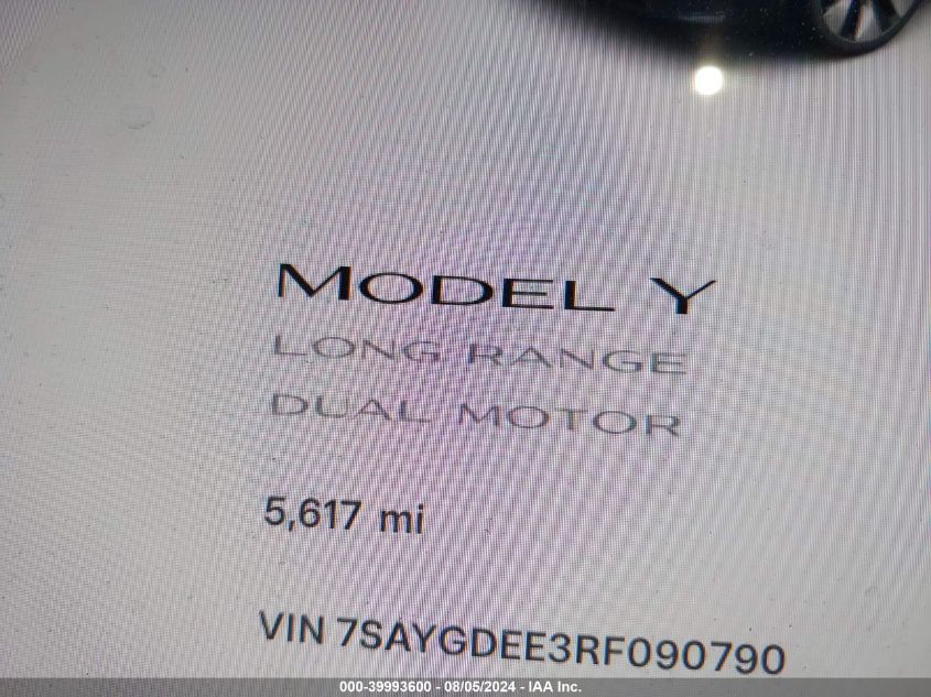 2024 Tesla Model Y Long Range Dual Motor All-Wheel Drive VIN: 7SAYGDEE3RF090790 Lot: 39993600