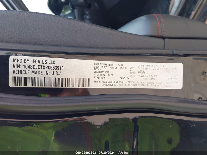 2023 Dodge Durango R/T Plus Awd VIN: 1C4SDJCTXPC553918 Lot: 39993603