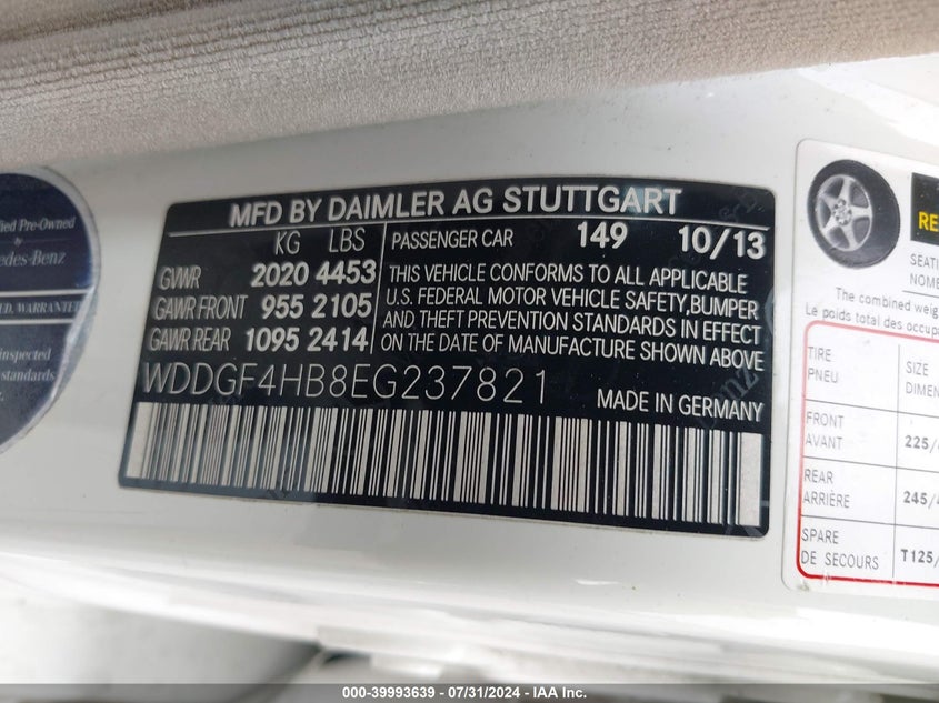 2014 Mercedes-Benz C 250 VIN: WDDGF4HB8EG237821 Lot: 39993639