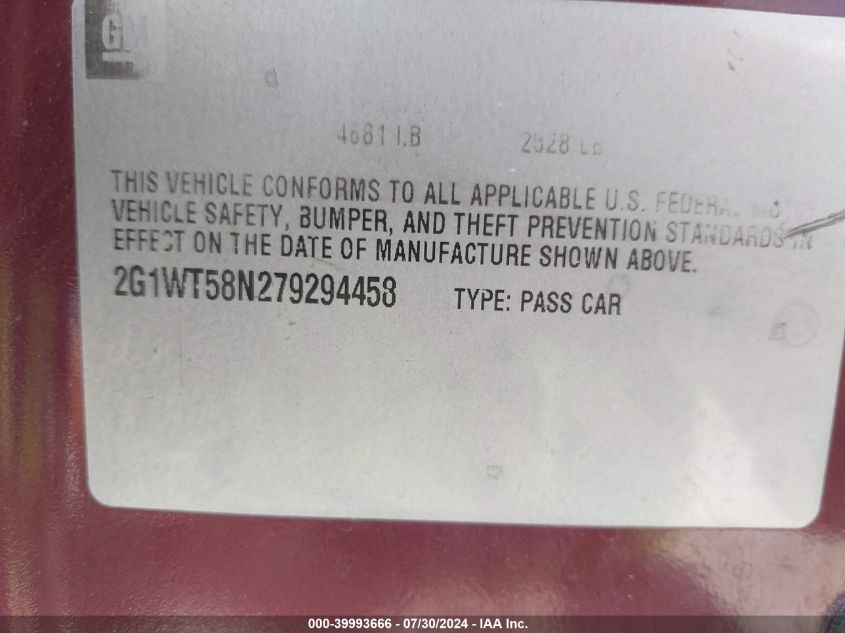 2007 Chevrolet Impala Lt VIN: 2G1WT58N279294458 Lot: 39993666