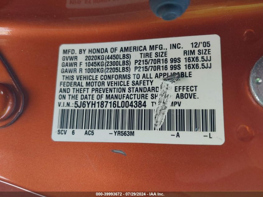 2006 Honda Element Ex-P VIN: 5J6YH18716L004384 Lot: 39993672