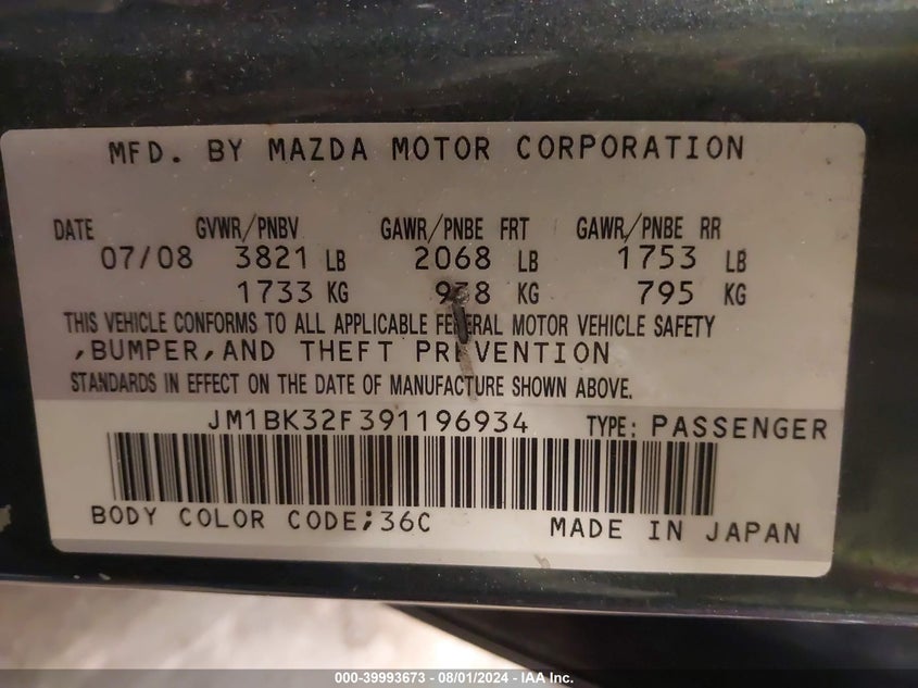 2009 Mazda Mazda3 I VIN: JM1BK32F391196934 Lot: 39993673
