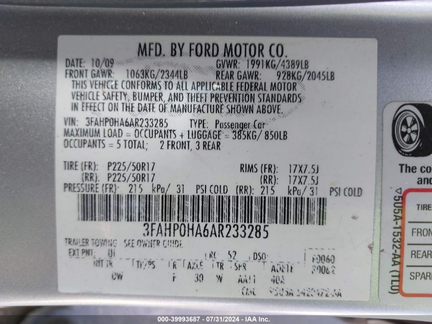 2010 Ford Fusion Se VIN: 3FAHP0HA6AR233285 Lot: 39993687