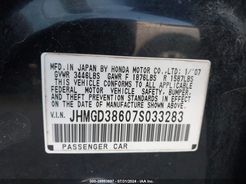 2007 Honda Fit Sport VIN: JHMGD38607S033283 Lot: 39993697