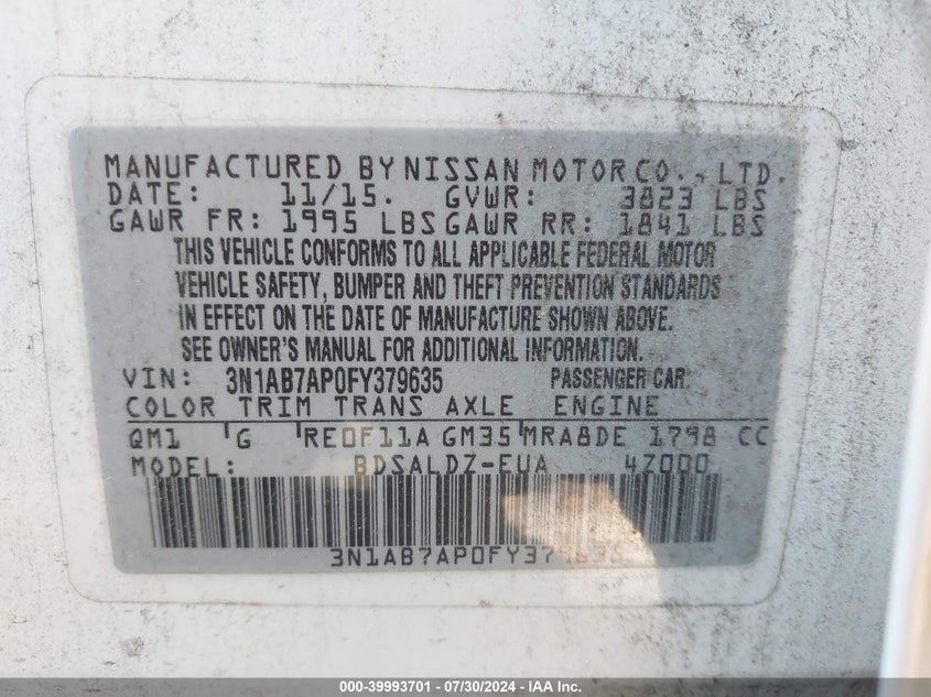 2015 Nissan Sentra Sv VIN: 3N1AB7AP0FY379635 Lot: 39993701