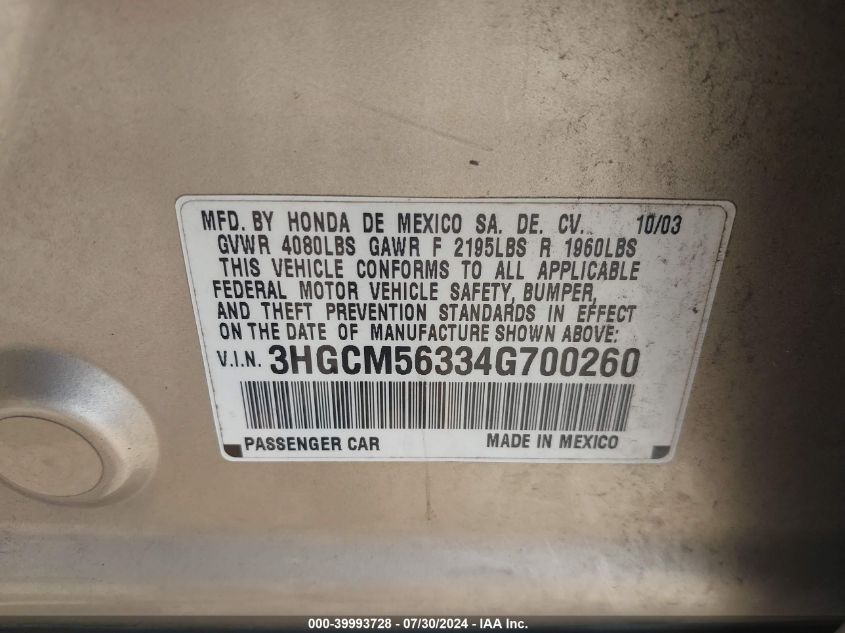 2004 Honda Accord 2.4 Lx VIN: 3HGCM56334G700260 Lot: 39993728