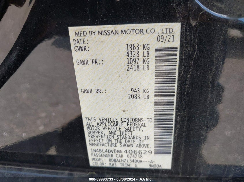 2021 Nissan Altima Sv VIN: 1N4BL4DV0MN406629 Lot: 39993733