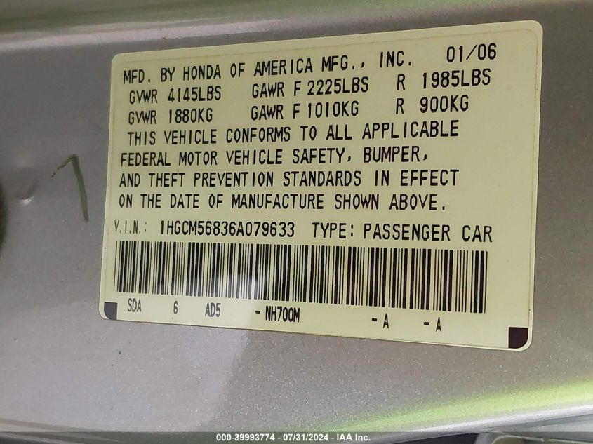 2006 Honda Accord 2.4 Ex VIN: 1HGCM56836A079633 Lot: 39993774