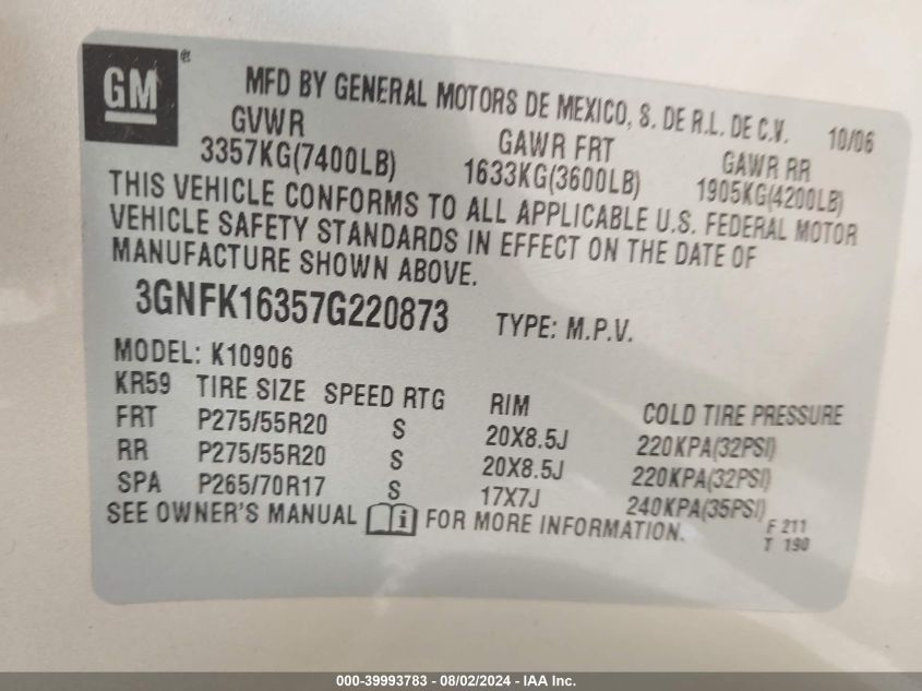 2007 Chevrolet Suburban 1500 Lt VIN: 3GNFK16357G220873 Lot: 39993783