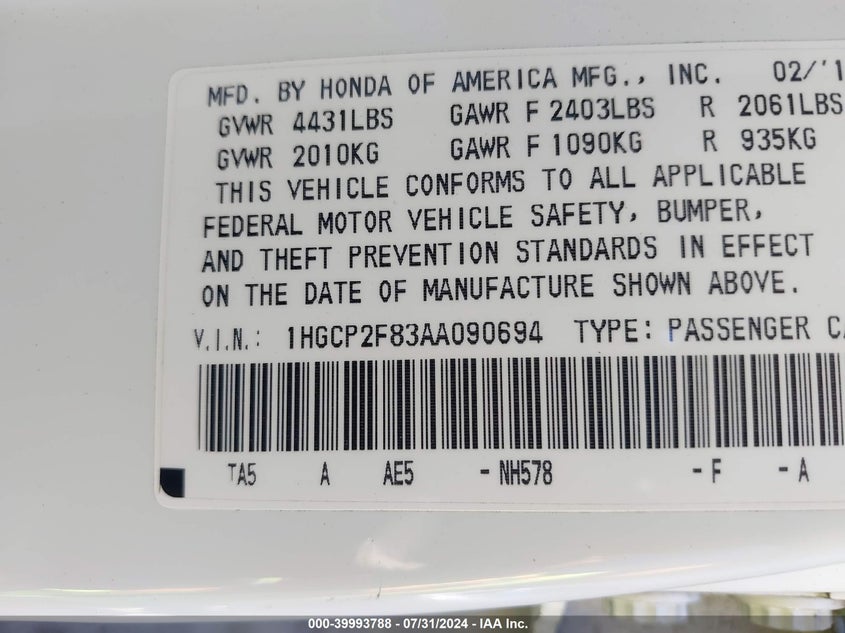 2010 Honda Accord Sdn 2.4 Ex-L/Ex-L VIN: 1HGCP2F83AA090694 Lot: 39993788