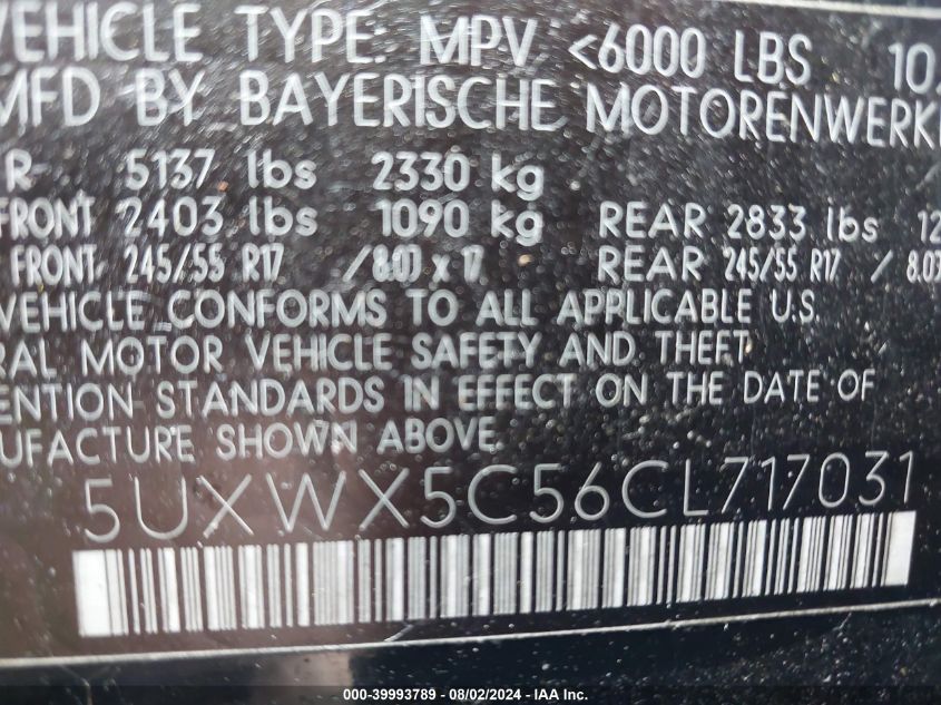 2012 BMW X3 xDrive28I VIN: 5UXWX5C56CL717031 Lot: 39993789