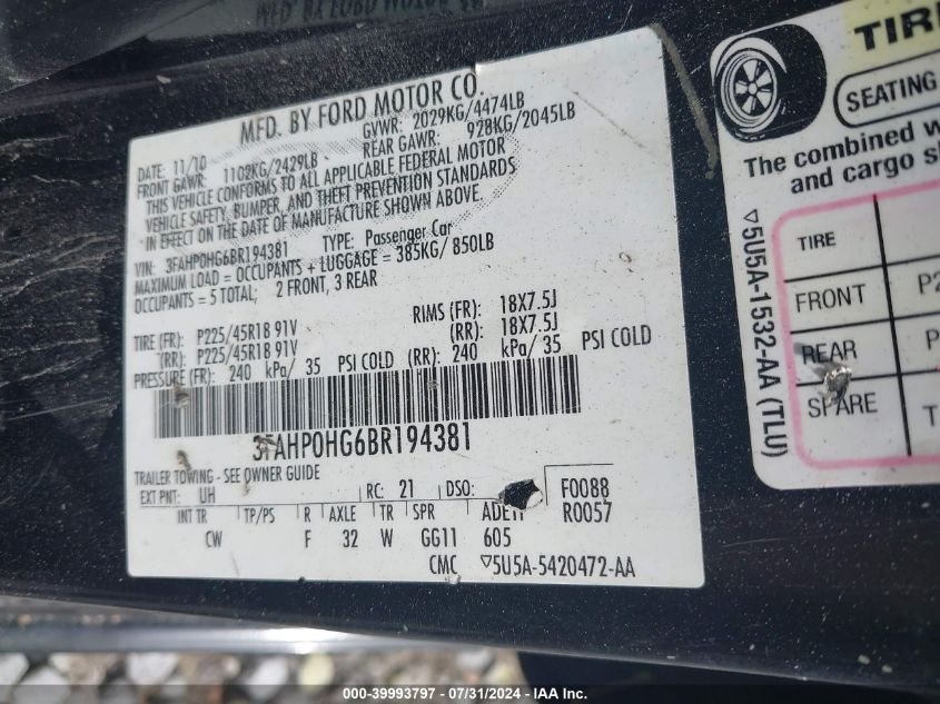 2011 Ford Fusion Se VIN: 3FAHP0HG6BR194381 Lot: 39993797