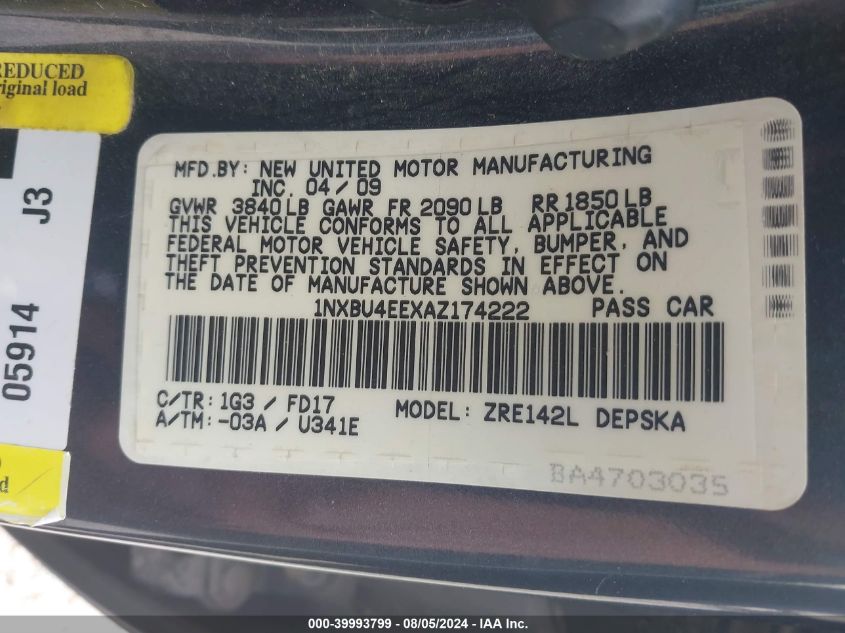 2010 Toyota Corolla S VIN: 1NXBU4EEXAZ174222 Lot: 39993799