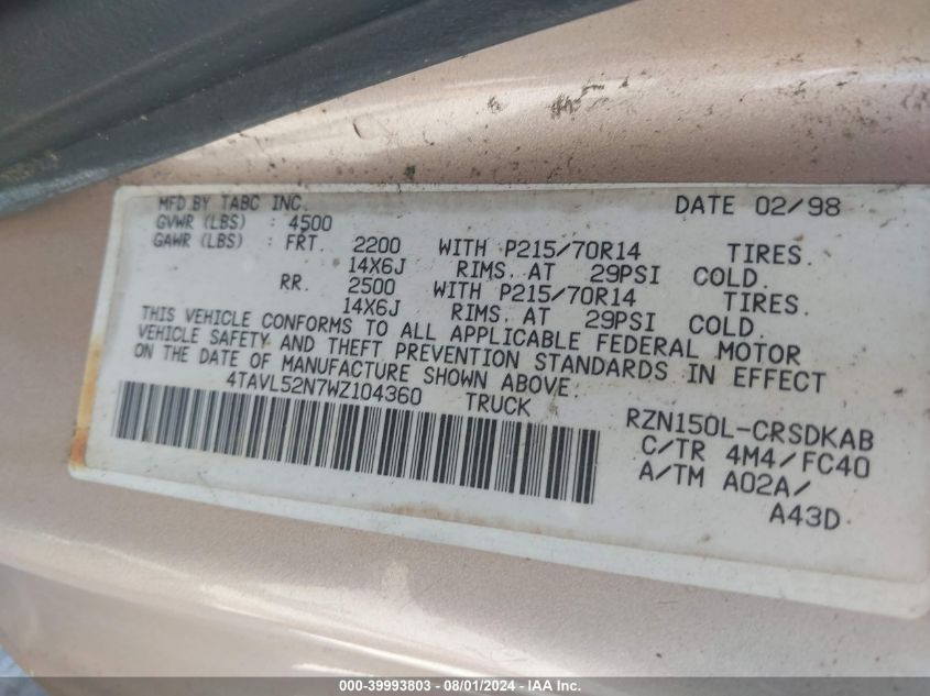 1998 Toyota Tacoma VIN: 4TAVL52N7WZ104360 Lot: 39993803